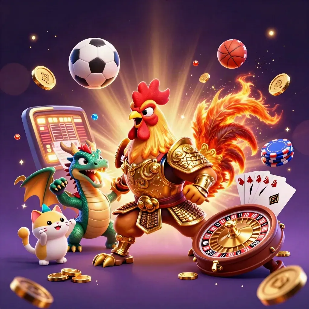Rooster warrior, dragon hatchling, fortune-cat, sports balls, casino chips, gold coins, and purple starfield
