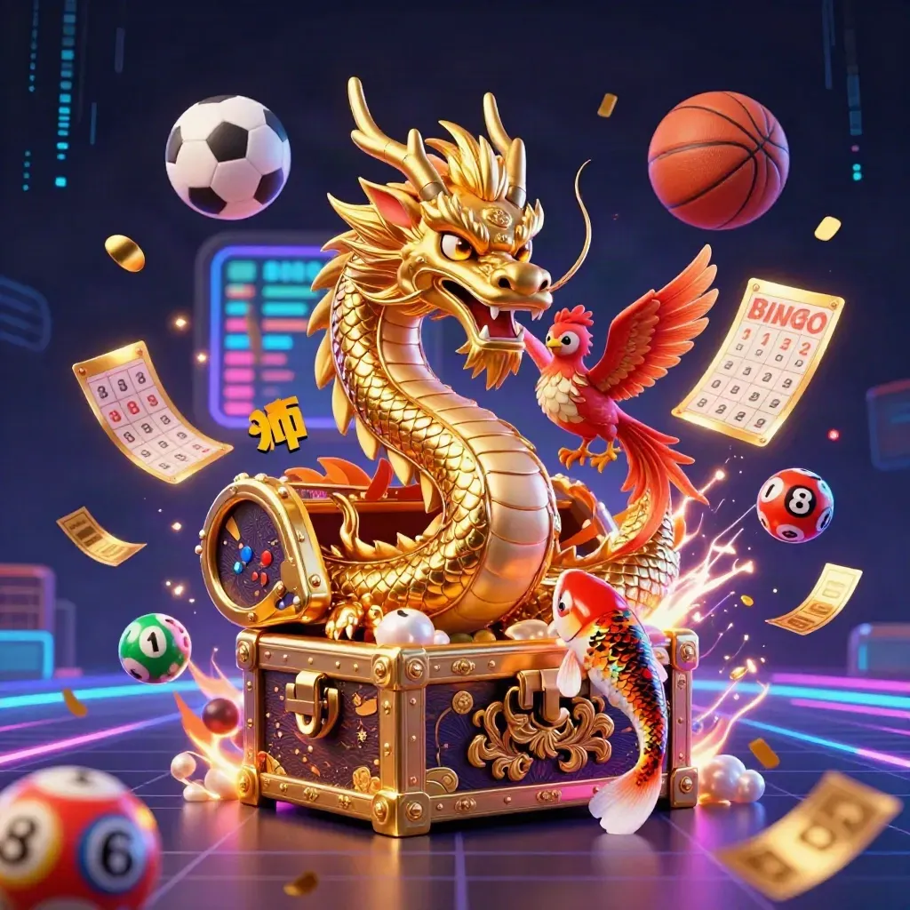 Golden dragon, phoenix and koi amid casino and sports icons in a neon key art scene.