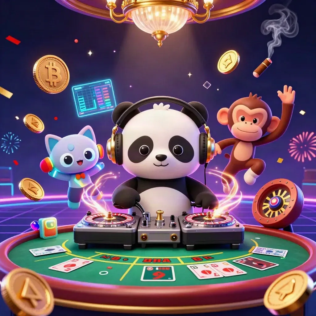 Luxe casino scene with DJ panda, monkey, kitten, coins, fireworks, and neon effects