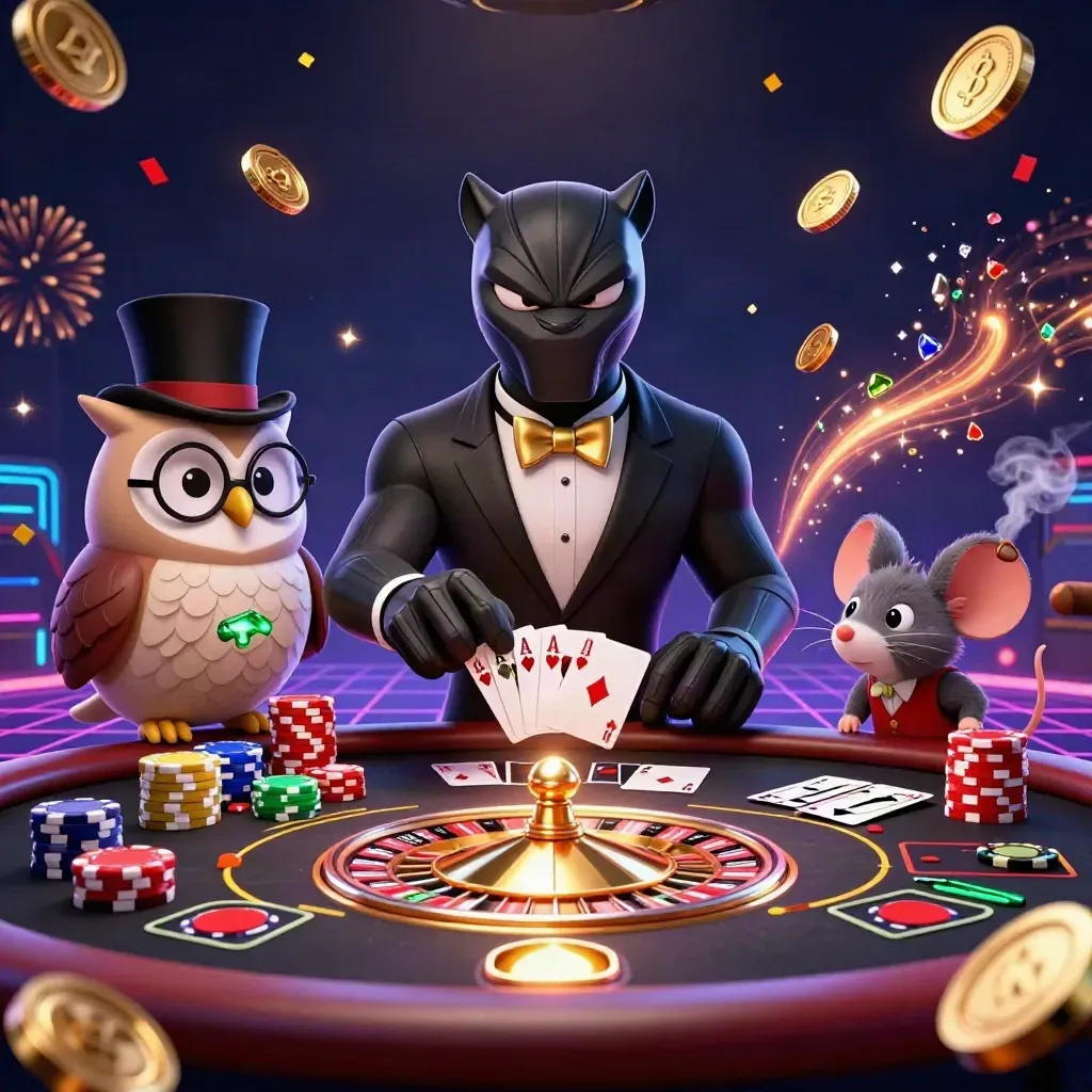 Panther, owl, and mouse at a luxe casino table with coins, cards, chips, and a roulette wheel.