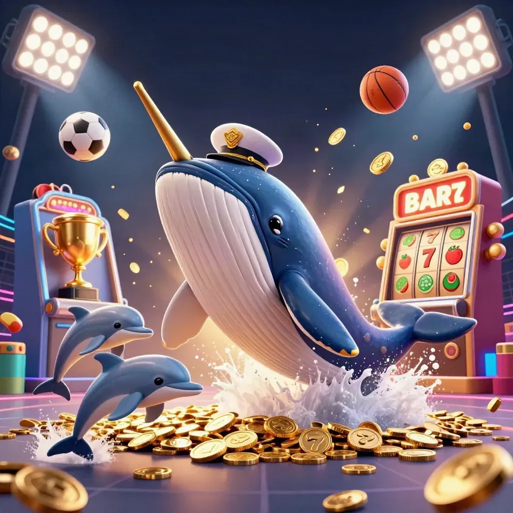 Whale captain, narwhal, and dolphins burst through coins with sports balls, trophy, and casino effects.