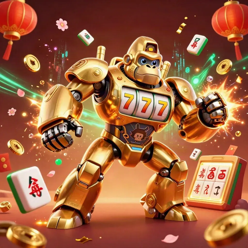 Golden gorilla mech with tiny monkey pilot exploding through jade coins, lanterns, and casino treasure