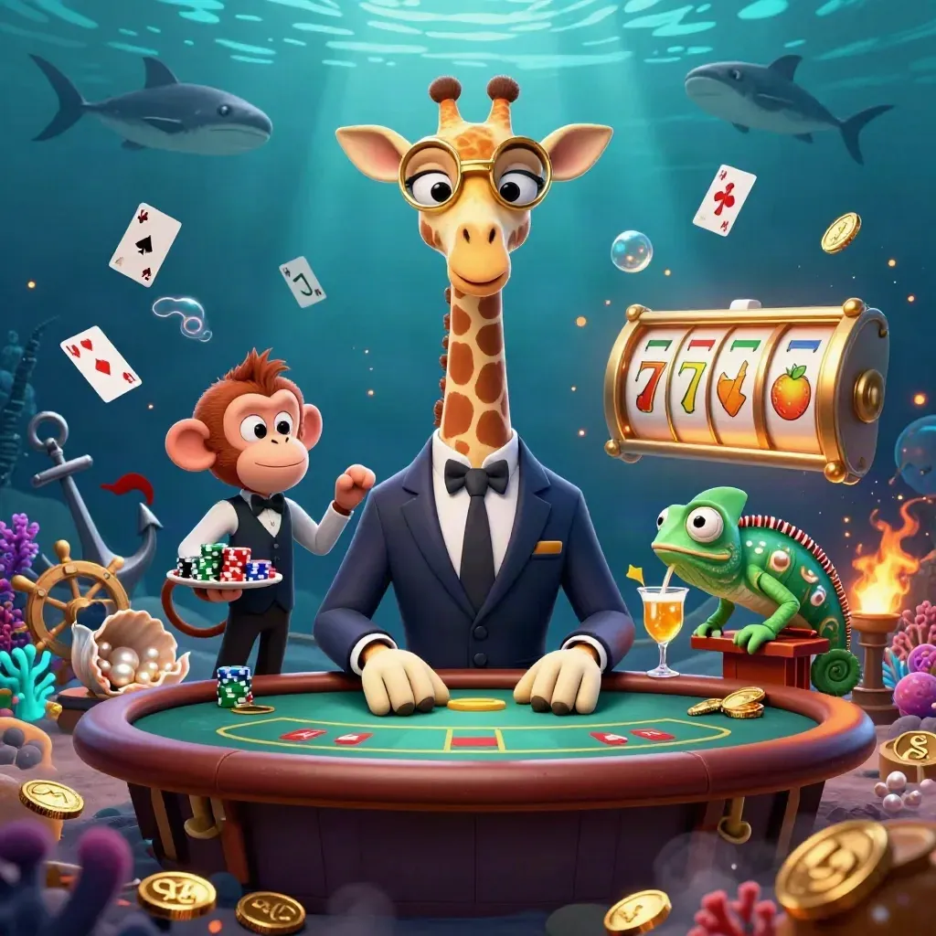 Giraffe, monkey, and chameleon in a luxe underwater casino scene with coins, reels, and coral.