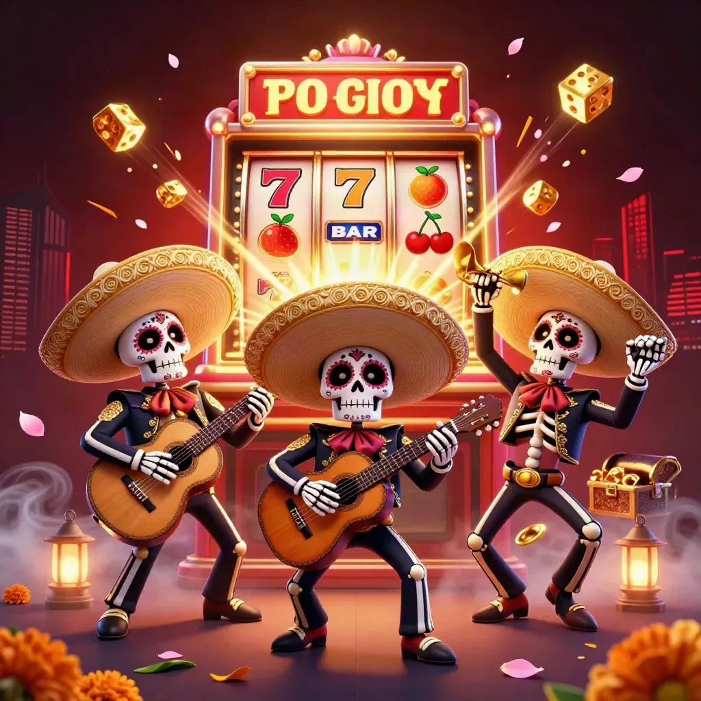 Skeleton mariachi trio with exploding slot machine, gold, petals, and luxe casino glow