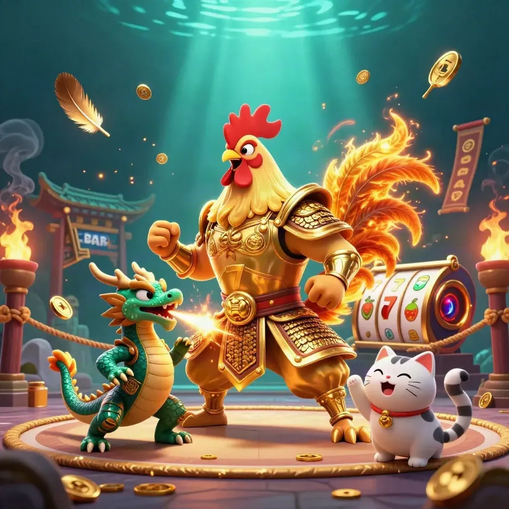 Rooster warrior, dragon hatchling, and cheering cat amid sparks, coins, reels, and temple gate.
