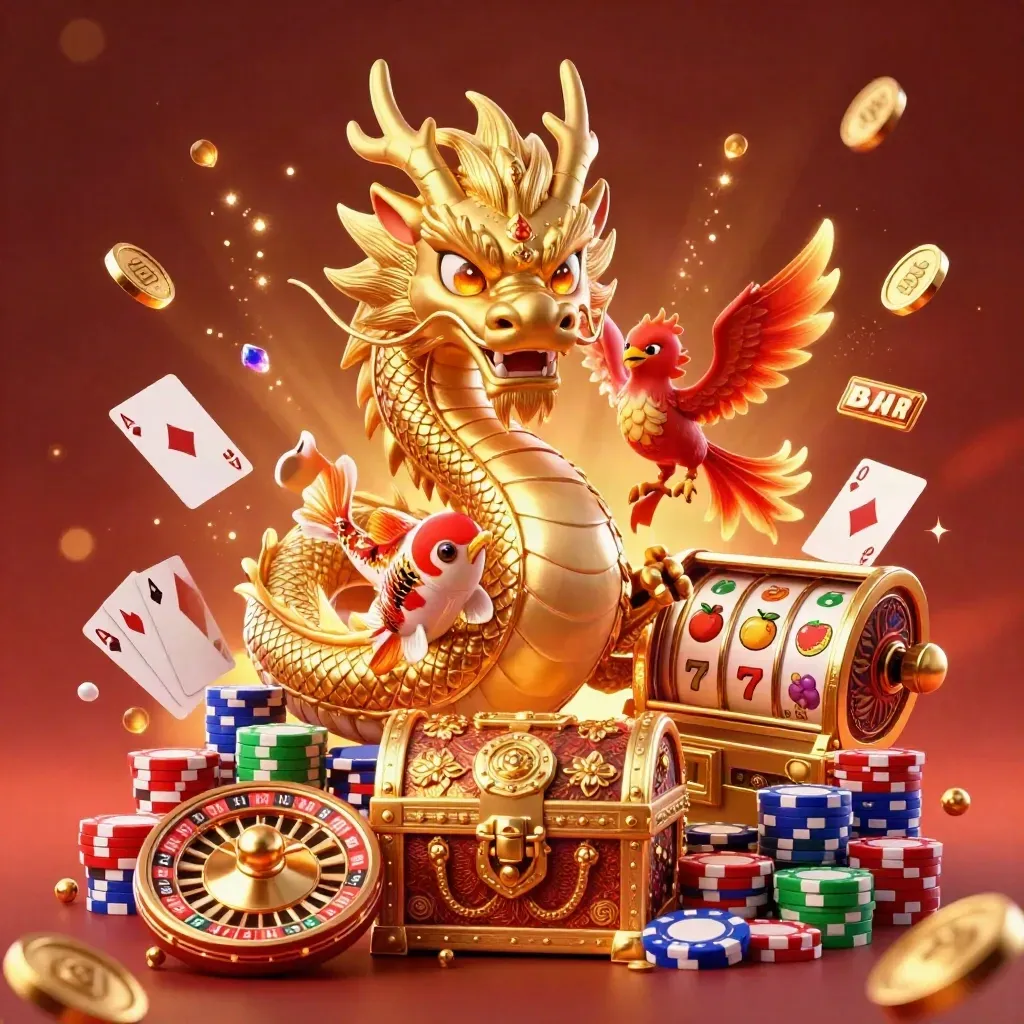 Golden dragon with phoenix and koi amid chips, coins, reels and cards on a dark ember glow.